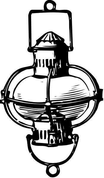 The black and white illustration shows a street lamp with an intricate design on top of it against a dark background.