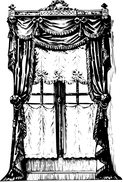 The black and white illustration shows a stage curtain with tassels on either side of it hanging over an open window frame in front of which is draped fabric that appears to be part of curtains, suggesting this could represent backstage at a theater or similar setting where performances take place.