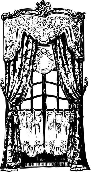 The black and white illustration shows a stage curtain with an elaborate design on it hanging from what appears to be a theater's fly loft above a proscenium archway.