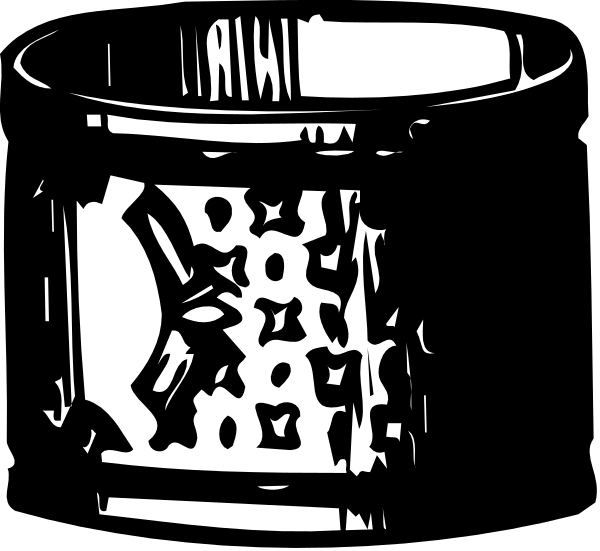 The black and white illustration shows a cup with an intricate design on its side placed against a dark background.