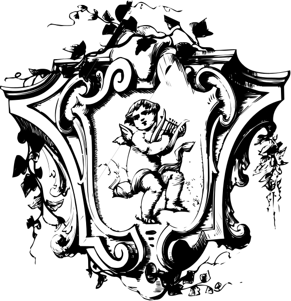 The black and white images show a coat of arms with an emblem featuring two crossed swords above it; below is a shield divided into four quarters: in the first quarter there's a castle on top, second has three crowns side by side, third displays what appears to be a lion rampant guardant, fourth shows waves and water. The central part of the coat features an ornate border with scrollwork around it; within this is a shield bearing two crossed swords above which there's a crown on top. In front of these arms rests another emblem depict