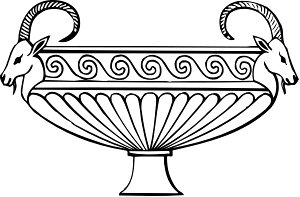 The black and white illustration shows a classical vase with two deer heads on either side of it atop an urn-like structure that has scrollwork detailing its surface; to the left is another smaller, simpler design resembling a cupcake or small bowl also featuring decorative elements. There are no texts present in this image. The style appears minimalistic and modern with clean lines and shapes. No actions can be discerned from these static images of objects without any movement depicted.