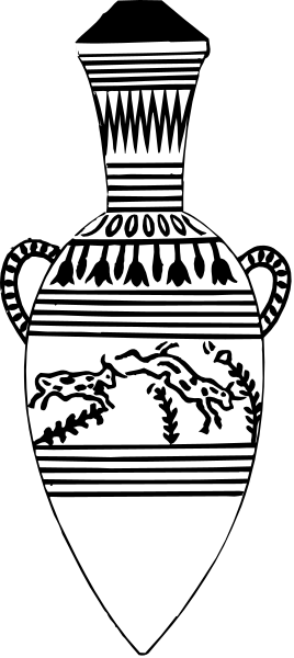The image shows a black and white illustration of an ancient Egyptian vase with hieroglyphics on it placed against a gray background in the lower right corner.