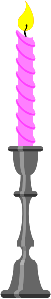 The image shows a purple candle inside an open black holder with two wicks on either side of it against a gray background.