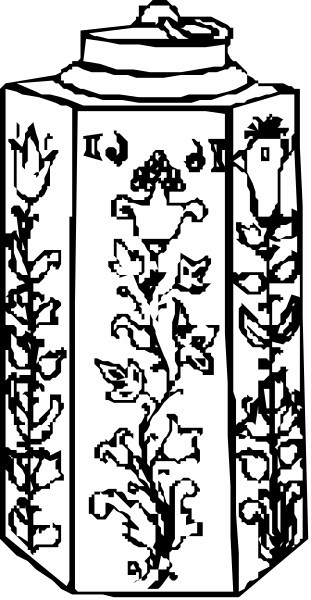 The black and white illustration shows a decorative vase with floral designs on it placed against an indistinct background that appears to be dark in color.