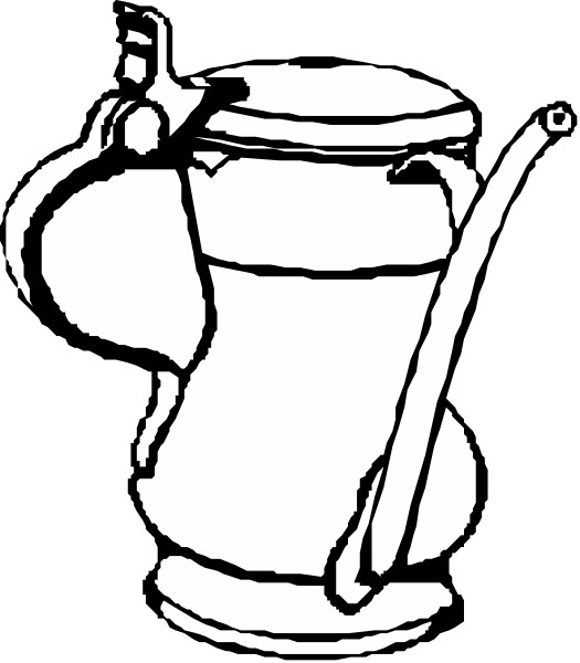 The black and white illustration shows a cartoon of an old watering can with two handles on either side, placed against a dark background.