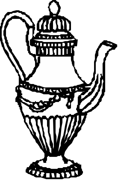 The black and white illustration shows a teapot with two handles on top of it placed against an abstract background that resembles a gradient from dark to light gray tones.