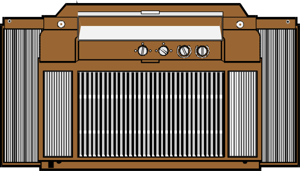 The image shows a black and white illustration of an old radio with multiple dials on its front panel set against a plain background.