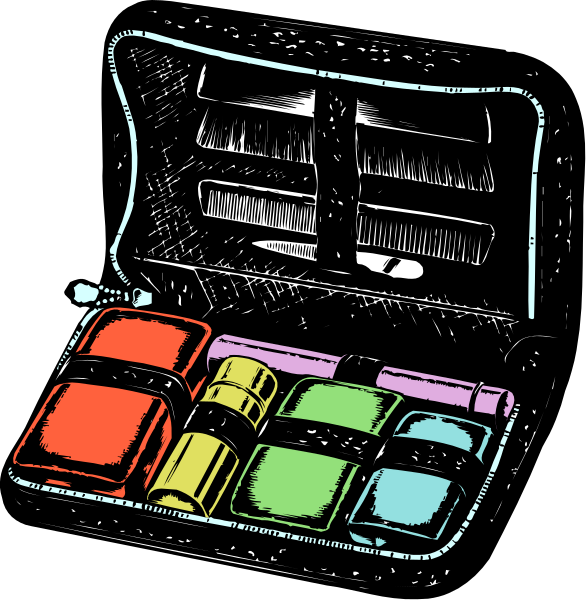 The images show a black suitcase with compartmentalized drawers filled with various items such as makeup products like lipsticks in different shades of red, pink, purple, blue, green, yellow, and orange; nail polish bottles in similar vibrant colors; small jars that could be for eyeshadow or other cosmetic powders.