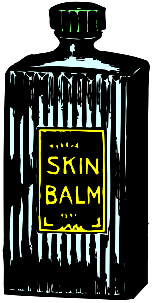 The black and white photo shows a bottle of Skin Balm with text on it that reads "SKIN BALM."