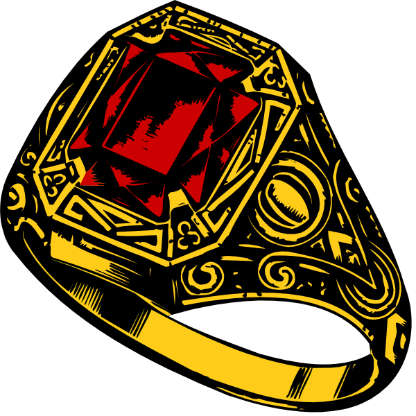 The image shows a ring with an intricate design featuring red gemstones set against black backgrounds on either side of it; there is no text present in this clip-art illustration.
