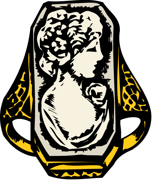The image shows a black and white illustration of an oval plaque with intricate designs around it featuring what appears to be classical figures; within this design is another smaller square inset that contains a detailed depiction of a woman's face, possibly from historical or mythological art.