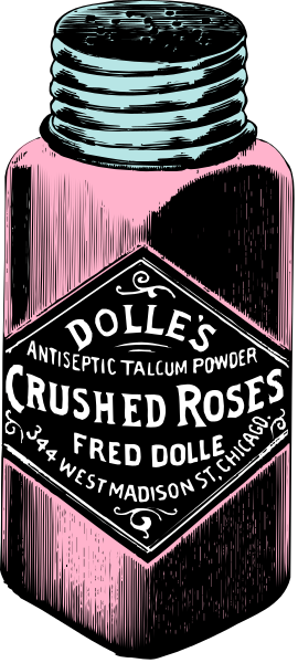 The image shows a bottle of "Dolle's Crushed Roses" with an antique label designating it as Fred Dole's Antiseptic Talcum Powder from Westmoreland Street, London.