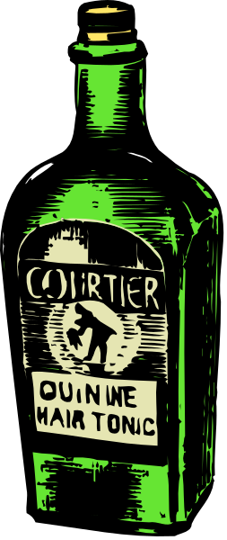 The image shows a bottle of hair tonic with text that reads "QUININE HONEY COURTENAY" on it against a dark background.