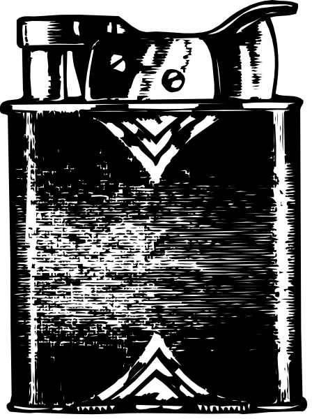 The black and white photo shows a cigarette lighter with an intricate design on its side placed inside what appears to be a metal container that has some sort of liquid in it; there is no text present within this image, which focuses solely on these objects without any additional context or background details provided by the clip-art style.