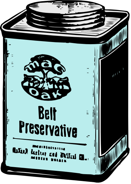 The image shows a cartoon of an old canister labeled "Belt Preservative" with text that reads "MAC'S BELT PRESERVATIVE."