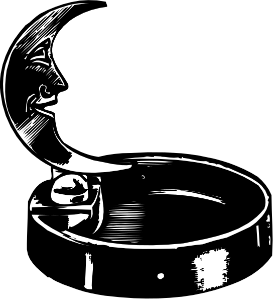 The black and white illustration shows a crescent moon hanging above an open umbrella with its handle pointing downward in front of it.