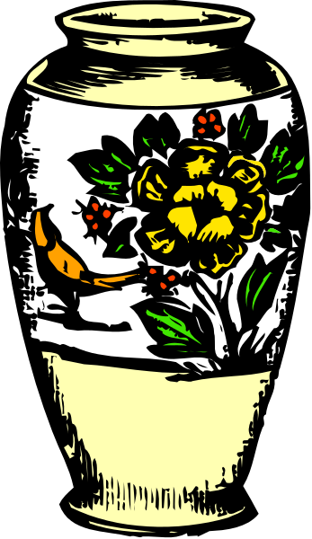 The image shows a vase with floral designs on it placed next to an illustration of flowers that match those depicted on the vase itself.