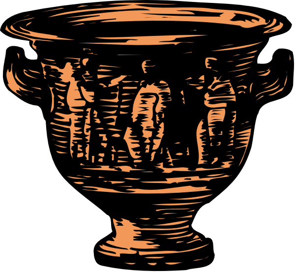 The black and white illustration shows a large vase with an intricate design of figures inside it on its sides; there is no visible action taking place in this image as all elements appear to be stationary, depicting human forms within the vessel's interior space without any interaction or movement.