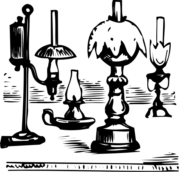 The black and white illustration shows a collection of candlesticks with different designs on top of what appears to be an antique table in front of a dark background.