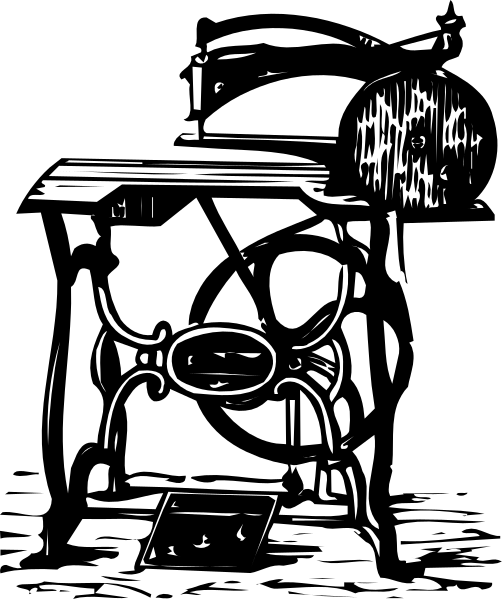 The black and white illustration shows a vintage sewing machine with intricate details on its front panel, placed against an indistinct background that suggests it might be in someone's home due to the presence of what appears to be furniture like chairs around it.