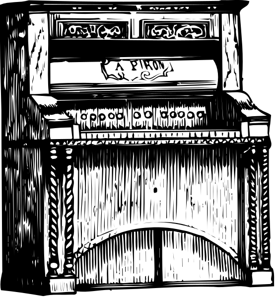 The black and white illustration shows a wooden antique cash register with an open drawer on top of it placed against a wall in what appears to be a room.