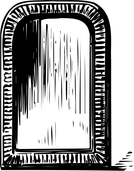 The black and white illustration shows a door with an arch at its top against a dark background.