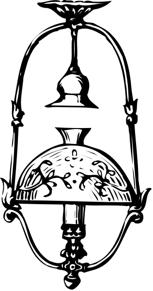 The black and white illustration shows a lamp with an intricate design on top of it hanging from what appears to be a ceiling fixture in front of which there is no background detail provided.