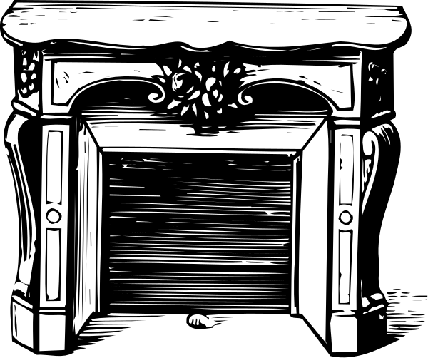 The black and white illustration depicts a fireplace with an open door set into it within what appears to be a room that has other furniture like chairs in front of it.