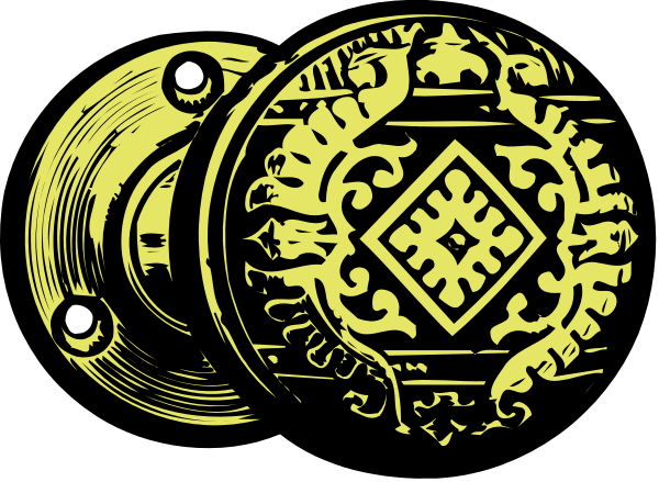 The image shows two brass door handles with intricate designs on them against a black background.
