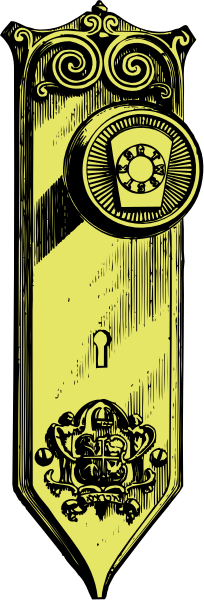 The image shows a stylized door hanger with an intricate design featuring classical elements such as scrollwork, floral patterns, and what appears to be a coat of arms at its center.