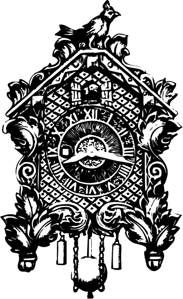 The black and white photo shows a clock with an intricate design on its face set against two different backgrounds: one is darker than the other but both feature decorative elements such as scrollwork around the edges of each frame, giving it a vintage appearance.