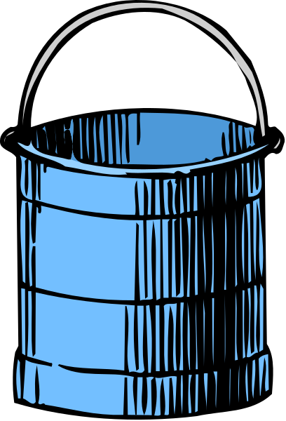 The black and white illustration shows a bucket with water inside it placed on top of another similar empty bucket.