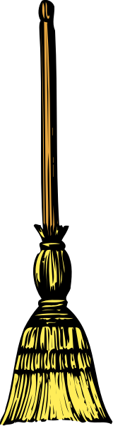 The image shows a broomstick with yellow bristles on it against a gray background.