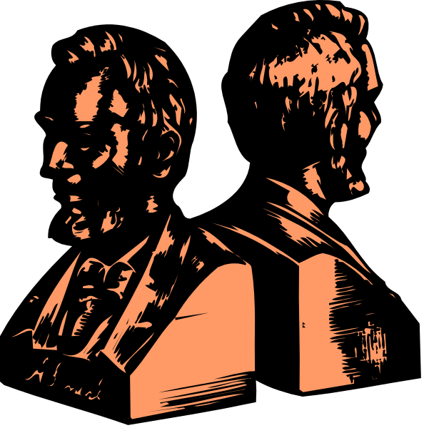 The image shows a black and white silhouette of two men's profiles facing each other with their backs to us; one man is wearing glasses while both have short haircuts.