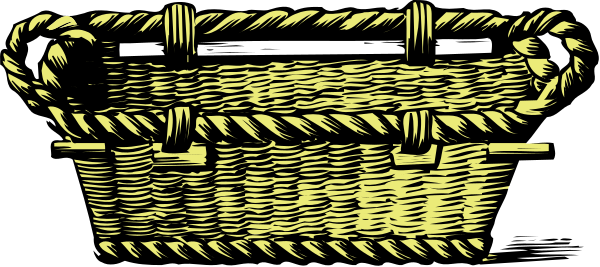 The black and white illustration depicts a wicker basket with rope handles on top of it.