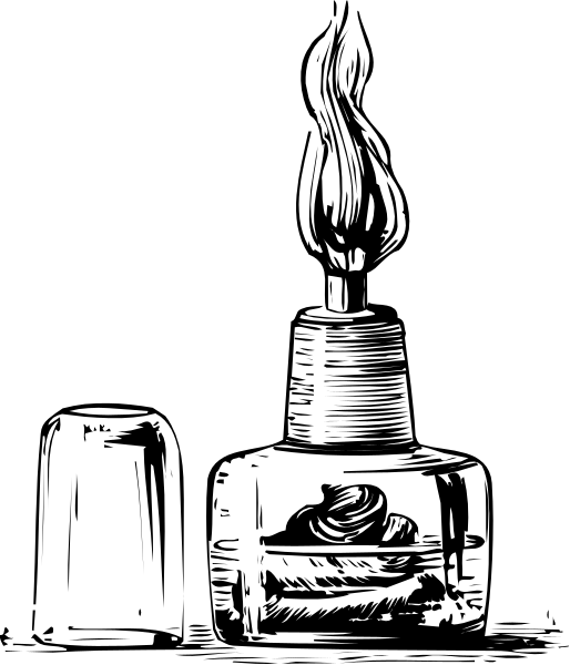 The black and white illustration shows a bottle of ink with an open lid next to it on what appears to be a tabletop surface in front of which is another object that looks like a candle holder but without any candles, suggesting this might represent some sort of still life or composition for artistic purposes.