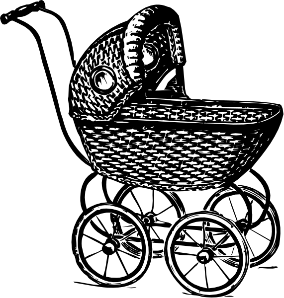 The black and white illustration shows a baby carriage with wheels on either side of it being pulled by an elephant that is also depicted in silhouette form against two different backgrounds: one darker than the other, both featuring simple line drawings without any additional details or embellishments to indicate setting.
