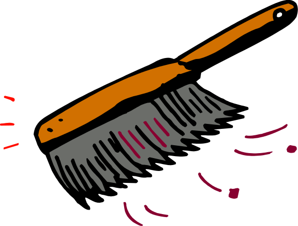 The image shows a cartoon depiction of an orange dustpan with bristles being swept by what appears to be a red broom handle on top right corner against black background.