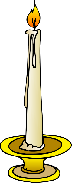The image shows a candle with two wicks inside an open flame on top of what appears to be a small table or stand against a dark background.