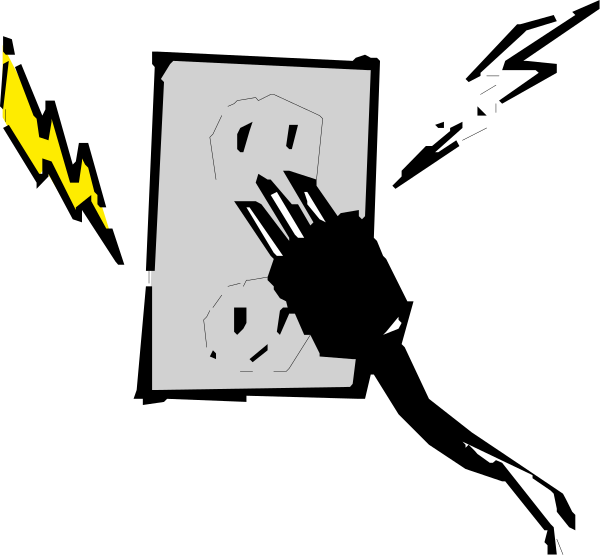 The black and white cartoon shows a person's hand reaching out to turn on an electric socket with lightning bolts emanating from it.