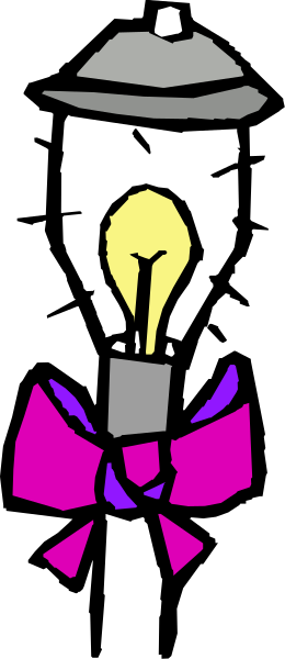 The image shows a cartoon of an electric light bulb with a purple bow on top inside what appears to be a lamp shade, set against a gray background that has black stripes running across it from left to right.