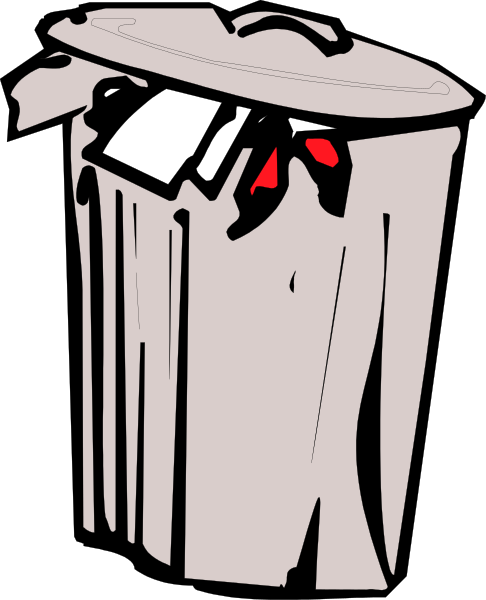 The black trash can has a red tag on it with white writing that says "out of order."