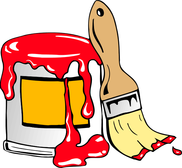The image shows a cartoon of an open jar with red paint spilling out onto two brushes on either side; there is also a palette knife in front of it all.