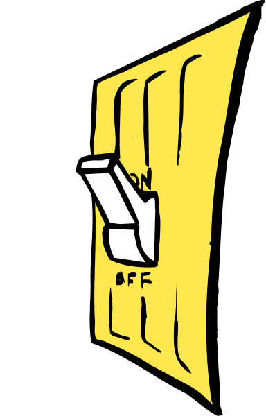 The image shows a black and white illustration of an open door with two signs on it: "OFF" at top left corner in yellow text box and "ON" below that also within a yellow rectangle.