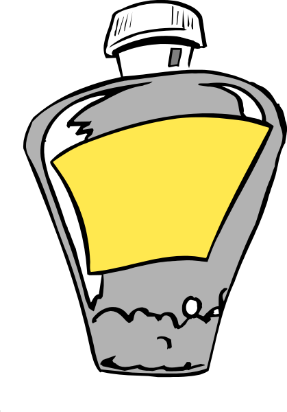 The image shows a cartoon of an open bottle with yellow liquid inside it against a black background; there is no text present in this clip-art illustration.