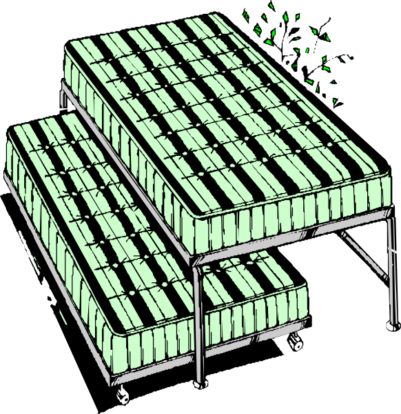 The image shows a cartoon of two stacked pallets with green crates on them against a black background; there is also an illustration in grayscale showing multiple stacks of similar items topped by another item, which appears to be either a crate or box that has been knocked over and spilled its contents.