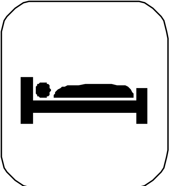 The image shows a black square with two smaller squares inside it containing icons of beds: on top is an icon depicting someone sleeping in bed; below that is another icon showing just one pillow without any person, indicating no occupant currently present. There's also a small white rectangle within the larger black frame at bottom left corner which contains only two lines forming what appears to be a simplistic representation of legs crossed over each other or possibly an abstract symbol for something else entirely; it is not clear from this image alone what that represents, but given its simplicity and context with beds,