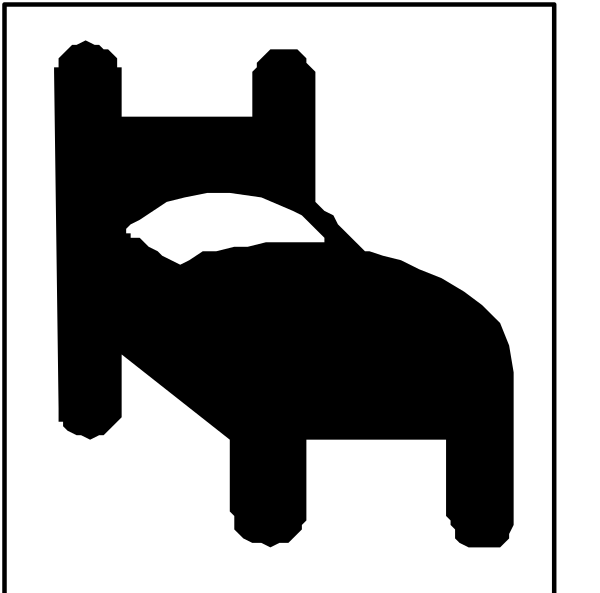 The image shows a black icon of an unmade bed with two pillows on top next to a white arrow pointing rightward above it.