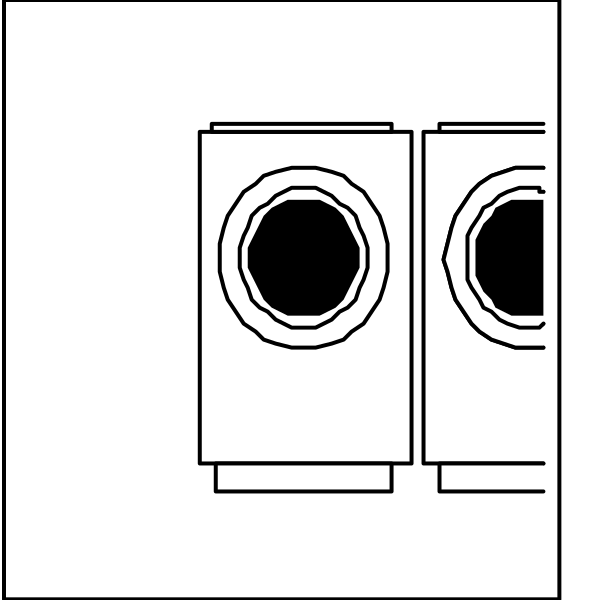 The black and white illustration shows a pair of speakers with circular designs on their fronts placed side by side against an unadorned background.